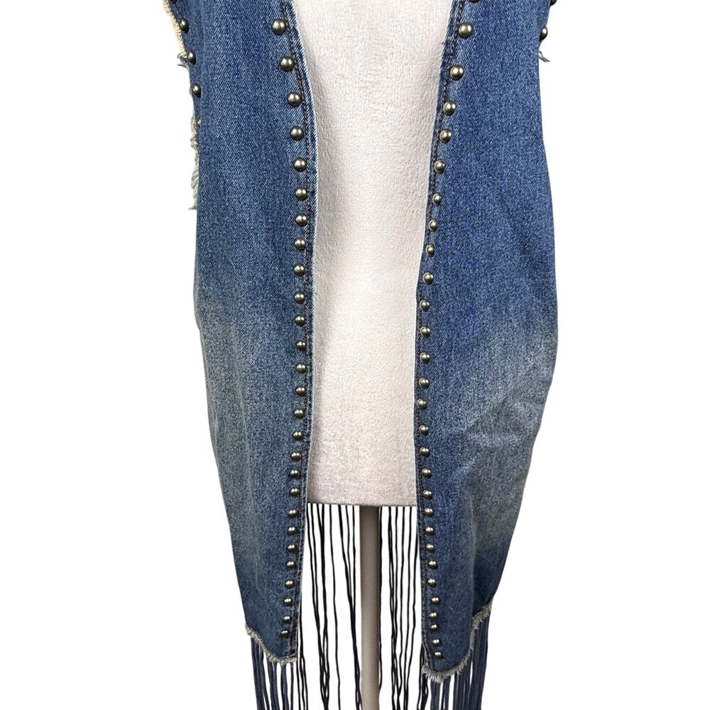 Crazy Train Denim Studded Fringe Vest Western Cowgirl Chic Rodeo Small - Picture 5 of 16